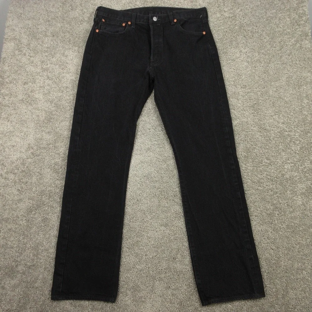 Levis Jeans Mens 36x34 Black 501 Button Fly Regular Straight Cotton Denim Pants